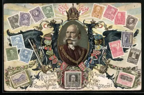 AK 60 jährig. Regierungsjubiläum Kaiser Franz Josef I. von Österreich 1848-1908, Porträt, versch. Briefmarken