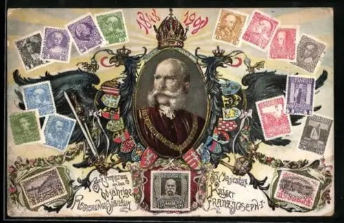 AK 60 jährig. Regierungsjubiläum Kaiser Franz Josef I. von Österreich 1848-1908, Porträt, versch. Briefmarken