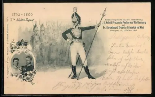 Lithographie Soldat des 2. Infanterie-Regiments, Erinnerung an die Vermählung der Häuser Württemberg und zu Wied