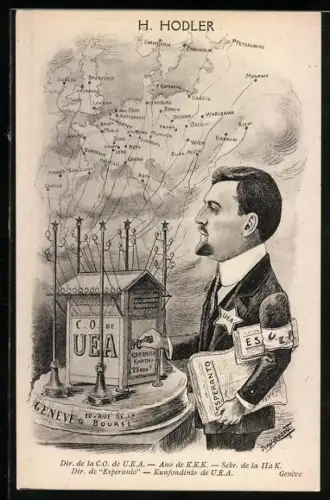 AK Karikatur H. Hodler, Dir. de la C.O. de U.E.A., Esperanto
