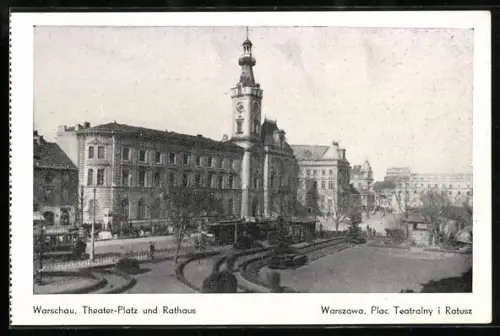 AK Warschau-Warszawa, Plac Teatralny i Ratusz, Theater-Platz und Rathaus