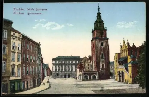 AK Krakau-Krakow, Strassenpartie am Rathausturm