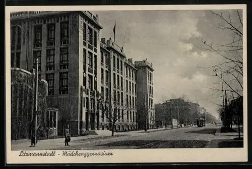 AK Litzmannstadt, Mädchengymnasium mit Strassenbahn