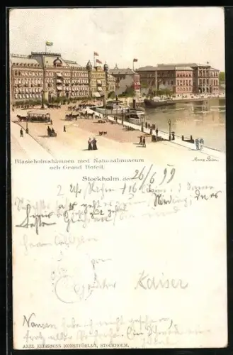 Lithographie Stockholm, Blasieholmshamnen med Nationalmuseum och Grand Hotell