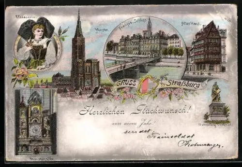 Lithographie Strassburg, Münster, Guttenberg Denkmal, Altes Haus