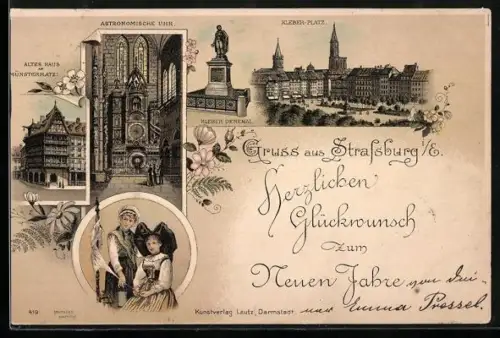 Lithographie Strassburg, Kleber-Platz, Kleber-Denkmal, Altes Haus am Münsterplatz