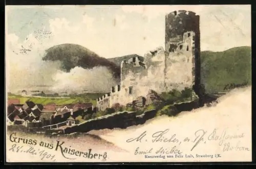 AK Kaisersberg, Vue du château en ruines surplombant le village et les collines environnantes