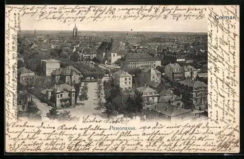 AK Colmar, Panorama de la ville avec bâtiments historiques et rues animées