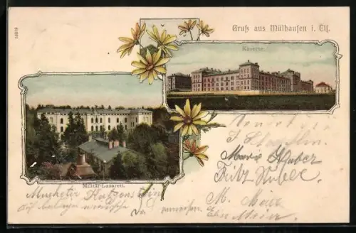 AK Mülhausen i. Els., Kaserne, Militär-Lazarett mit Blumenverzierung