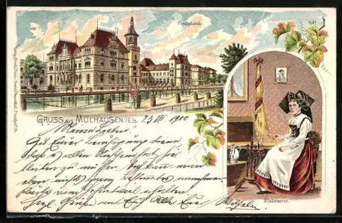 Lithographie Mülhausen i. Els., Partie am Postgebäude, Elsässerin in Tracht