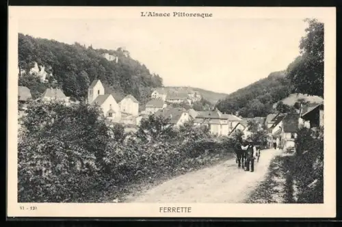 AK Ferrette /Alsace, Vue pittoresque du village avec chevaux sur le chemin