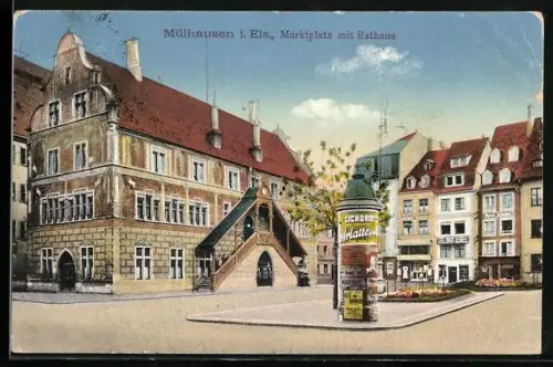 AK Mülhausen i. Els., Marktplatz mit Rathaus