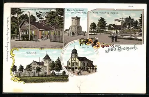Lithographie Breisach, Restaurant Fiebig, Franz. Denkmal, Feldbahnhof, Kanalbrücke Rhein-Rhöne
