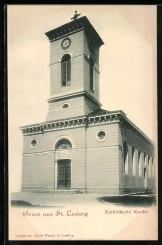 AK St. Ludwig, Église catholique avec tour et horloge