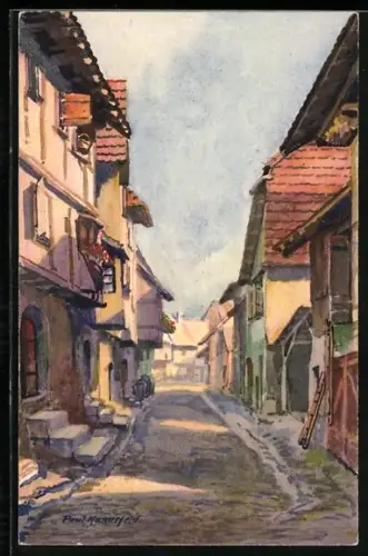 Künstler-AK Paul Mannesfeld: Eguisheim, Rue pittoresque avec maisons traditionnelles