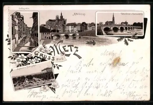 Lithographie Metz, Mittelbrücke, Esplanade u. Justizpalast, Todtenbrücke u. Garnisonskirche