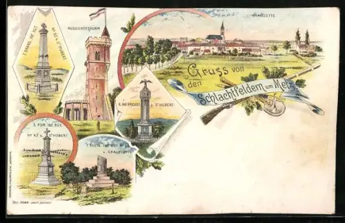 Lithographie Metz, Denkmäler der Schlachtfelder rund um Metz, Aussichtsturm und Blick auf Gravelotte