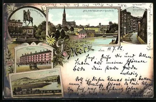 Lithographie Metz, Kaiser Wilhelm Denkmal, Kriegsschule, Gerbergraben, Blick zur Garnisonskirche