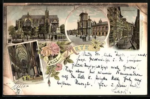 Lithographie Metz, Gerbergraben, Vinzenzkirche mit Lyceum, Cathedrale, Inneres der Cathedrale