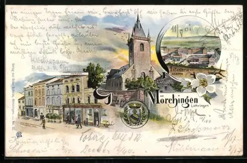 Lithographie Mörchingen /Lothr., Infanterie-Kaserne, Petruskirche und Marktplatz