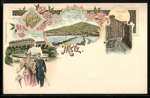 Lithographie Metz, Justizpalast mit Esplanade, Gerbergraben, Wadrinauwehr und Veste Friedrich Karl