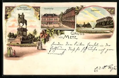 Lithographie Metz, Esplanade, Hauptwache, Denkmal Kaiser Wilhelm I.