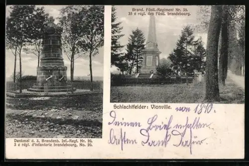 AK Vionville, Denkmal d. 3. Brandenb. Inf.-Regt. Nr. 20 u. Brand. Füsil.-Regiment Nr. 35