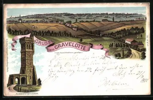 Lithographie Gravelotte, Aussichtsturm und Ortsansicht vom Turm gesehen