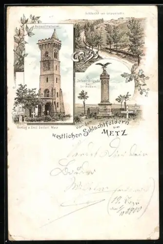 Lithographie Metz, Aussichtsturm, 6. Infant. Brigade bei St. Hubert, Schlucht von Gravelotte