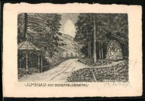 Künstler-AK Ilmenau, Scheffel-Denkmal, Pavillon, Waldweg