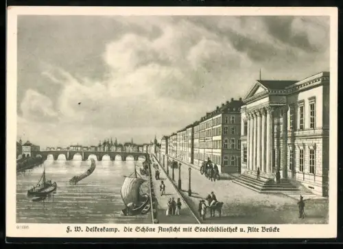 Künstler-AK Frankfurt a. M., Stadtbibliothek, Alte Brücke, Mainufer