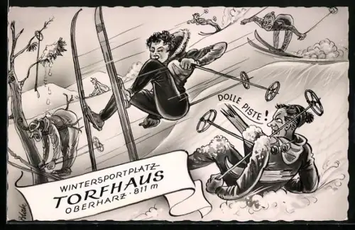 Künstler-AK Torfhaus /Oberharz, Wintersportplatz, Skifahrer auf der Piste, humoristische Darstellung
