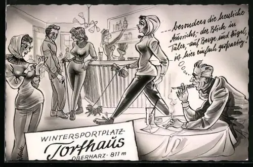 Künstler-AK Torfhaus /Oberharz, Wintersportplatz, Karikatur mit Bar und Gästen