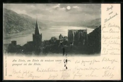 Mondschein-AK Bacharach am Rhein, Ortsansicht mit Kirche und Burgruine