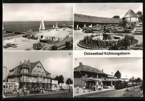 AK Kühlungsborn, Strand, Konzertgarten, Bahnhof mit Molli