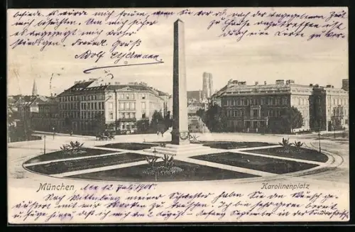 AK München, Karolinenplatz mit Obelisk