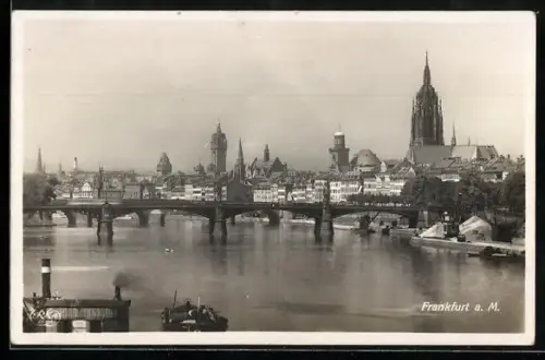 AK Frankfurt-Sachsenhausen, Blick auf die Stadt und Obermainbrücke