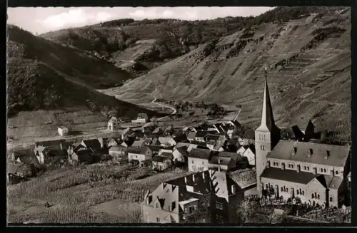 AK Mayschoss /Ahrtal, Ortsansicht mit Kirche und Weinbergen