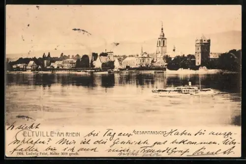 AK Eltville am Rhein, Gesamtansicht, Rhein, Kirchturm, Burgturm