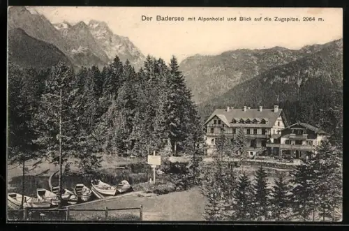 AK Grainau, Badersee, Alpenhotel, Blick auf die Zugspitze