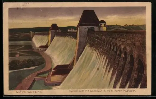 AK Möhnesee, Möhnetalsperre, Sperrmauer mit Überlauf in 40 m hohen Kaskaden