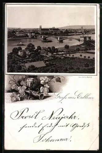 Lithographie Koblenz, Gesamtansicht mit Brücke, Kirchen, Weintrauben