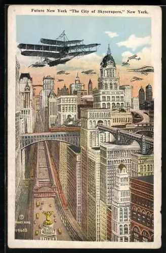 AK New York, NY, Future of New York, Flugschiffe über den Wolkenkratzern
