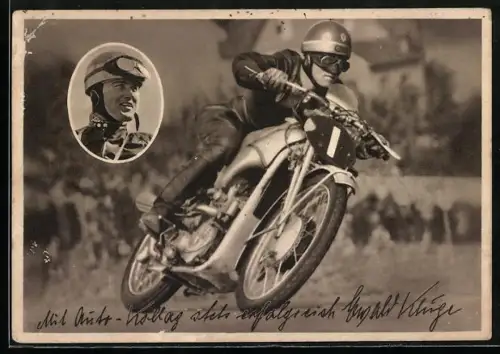 AK DKW Motorradrennfahrer Ewald Kluge der Auto-Union macht Reklame für Auto-Kollag