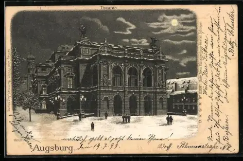 Winter-Lithographie Augsburg, Theater mit Passanten im Winter