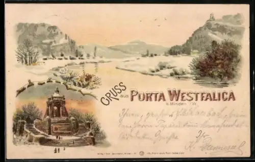 Winter-Lithographie Porta Westfalica bei Minden, Denkmal und Panorama