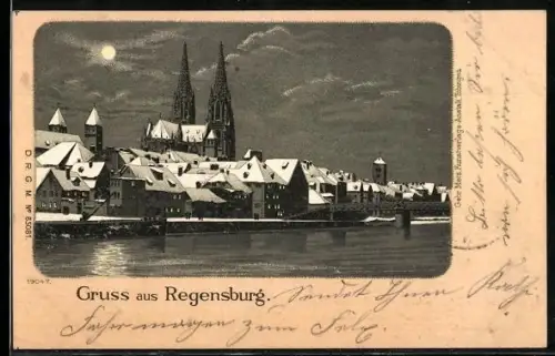 Winter-Lithographie Regensburg, Teilansicht mit Dom und Flusspartie