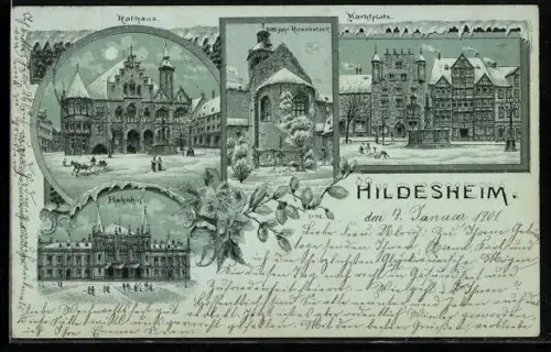 Winter-Lithographie Hildesheim, Rathaus, Bahnhof, Rosenstock und Marktplatz