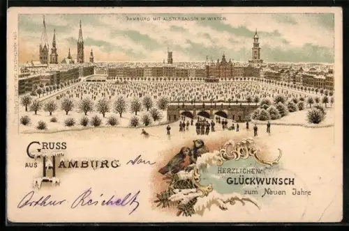 Winter-Lithographie Hamburg-St.Georg, Alsterbassin im Winter