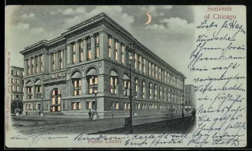 Mondschein-AK Chicago, IL, Public Library, Halt gegen das Licht